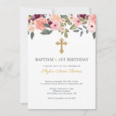 バプテスマ&第1誕生日赤面水彩花模様 招待状 (正面)