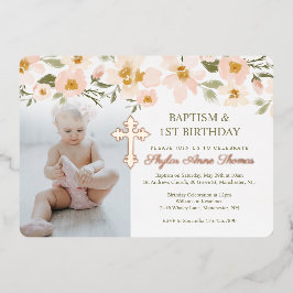 バプテスマ&誕生日の水カラー花模様写真 箔招待状