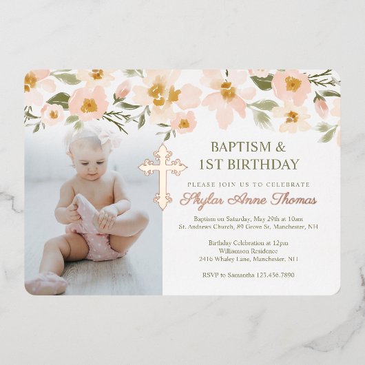 バプテスマ&誕生日の水カラー花模様写真 箔招待状 (正面)