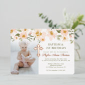 バプテスマ&誕生日の水カラー花模様写真 箔招待状 (立ち正面)