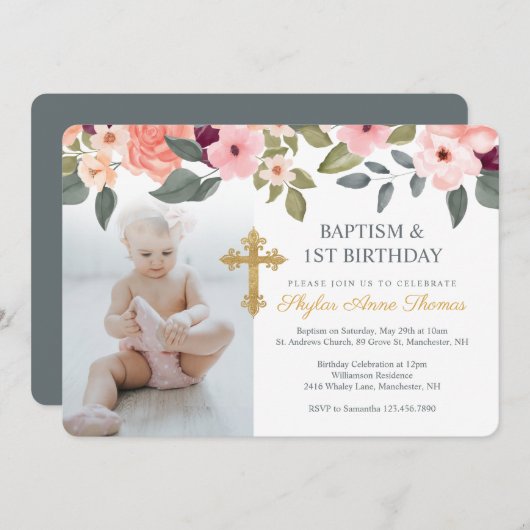 バプテスマ&誕生日の水彩花写真 招待状 (正面/裏面)