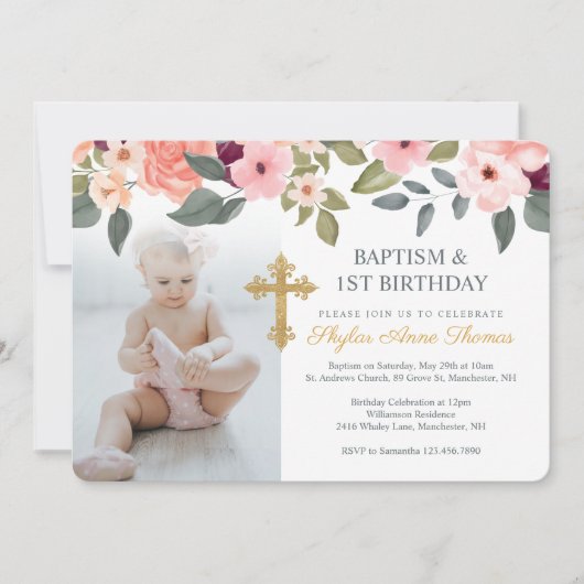 バプテスマ&誕生日の水彩花写真 招待状 (正面)