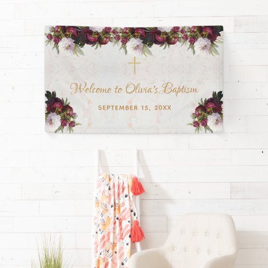 バプテスムウェルカムフローラブルガンディーホワイトピーニーマーブル 横断幕 (インサイチュ)