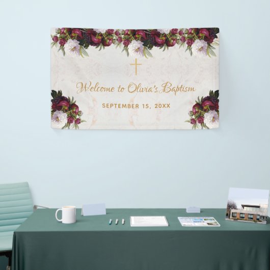 バプテスムウェルカムフローラブルガンディーホワイトピーニーマーブル 横断幕 (トレードショー)