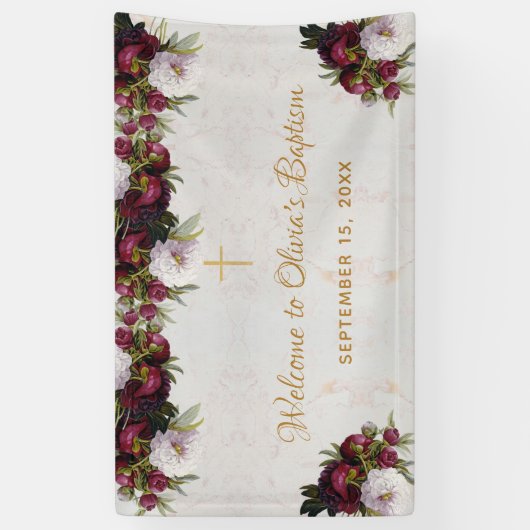 バプテスムウェルカムフローラブルガンディーホワイトピーニーマーブル 横断幕 (縦)