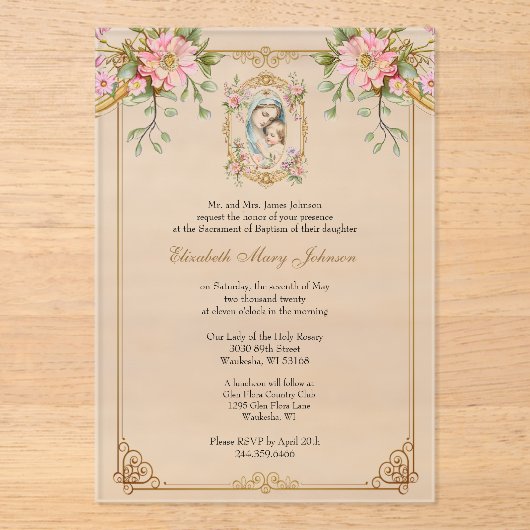 バプテスムカトリック母マリイエズピンクフローラ アクリル招待状 (正面)