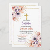バプテスムクロス《キリスト教》洗礼式や命名式フラワーパープル金ゴールド 招待状 (正面/裏面)