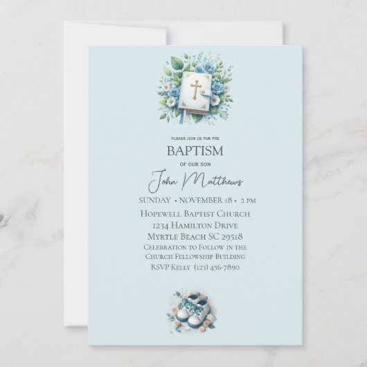 バプテスムブルーフローラクロスとバイブル少年 招待状 (正面)