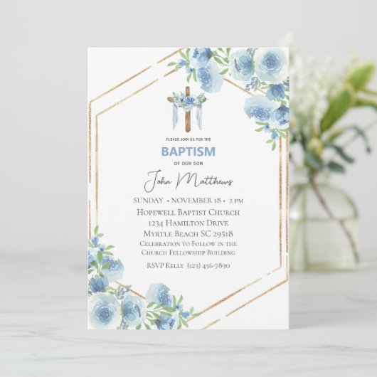 バプテスムブルーフローラドレープクロスボーイズ 招待状 (スタンド正面)