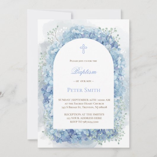 バプテスムブルー水彩紫陽花の招待 招待状 (正面)