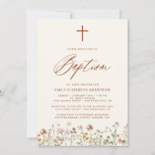バプテスムワイルドフラワースクリプトニュートラルベージュ 招待状 (正面)