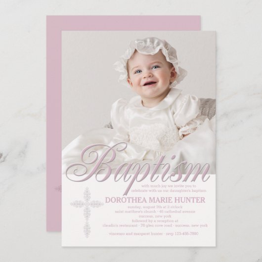 バプテスムワードピンクフォト招待状 招待状 (正面/裏面)