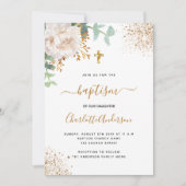 バプテスユーカリ緑のフローラ金ゴールドクロス 招待状 (正面)