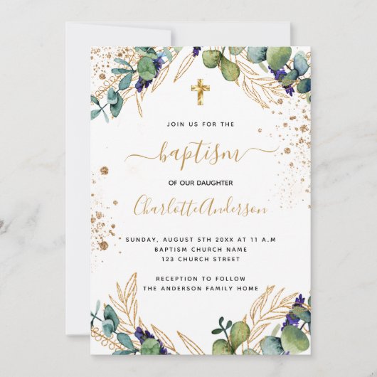 バプテスユーカリ緑の金ゴールドクロススクリプト 招待状 (正面)