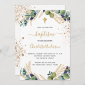 バプテスユーカリ緑の金ゴールドクロススクリプト 招待状 (正面/裏面)