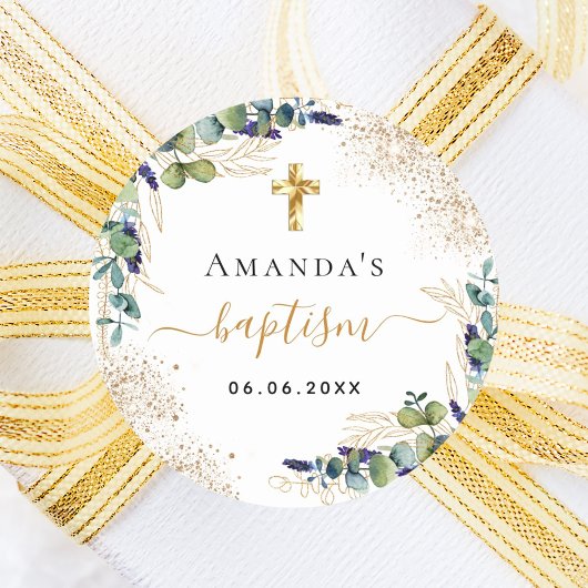 バプテスユーカリ緑グリッターモノグラム ラウンドシール