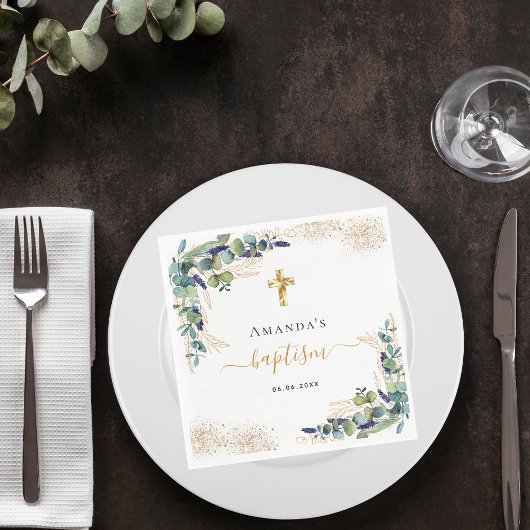 バプテスユーカリ緑グリッター名ガールボーイ スタンダードカクテルナプキン