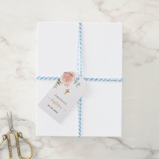 バプテスユーカリ赤面ピンクローズ金ゴールドガール ギフトタグ (より糸付き)