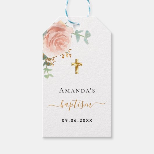 バプテスユーカリ赤面ピンクローズ金ゴールドガール ギフトタグ (正面)