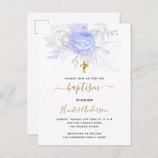 バプテスライトブルー花模様ボーイエレガントホワイト インビテーションポストカード (正面/裏面)