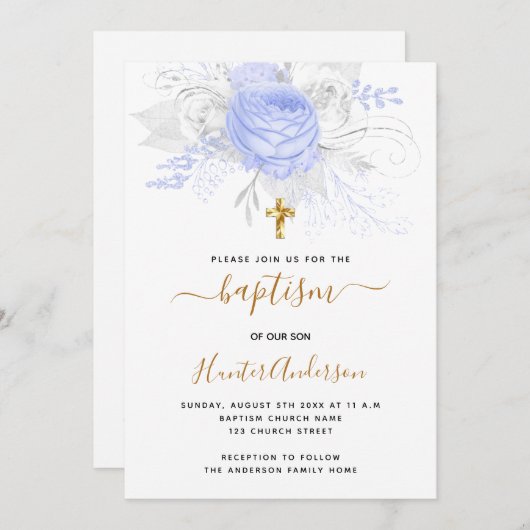 バプテスライトブルー花模様ボーイエレガントホワイト 招待状 (正面/裏面)