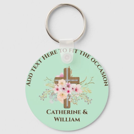バプテパーソナライズされたィス&《キリスト教》洗礼式や命名式フローラクロス キーホルダー (正面)