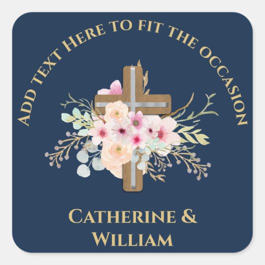バプテパーソナライズされたィス&《キリスト教》洗礼式や命名式フローラクロス スクエアシール (正面)