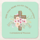 バプテパーソナライズされたィス&《キリスト教》洗礼式や命名式フローラクロス スクエアペーパーコースター (正面)