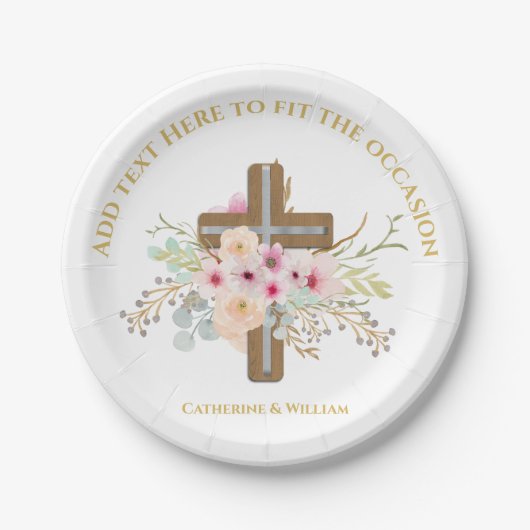 バプテパーソナライズされたィス&《キリスト教》洗礼式や命名式フローラクロス ペーパープレート (正面)