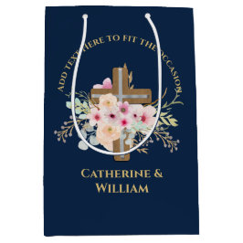 バプテパーソナライズされたィス&《キリスト教》洗礼式や命名式フローラクロス ミディアムペーパーバッグ