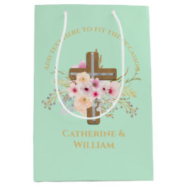 バプテパーソナライズされたィス&《キリスト教》洗礼式や命名式フローラクロス ミディアムペーパーバッグ