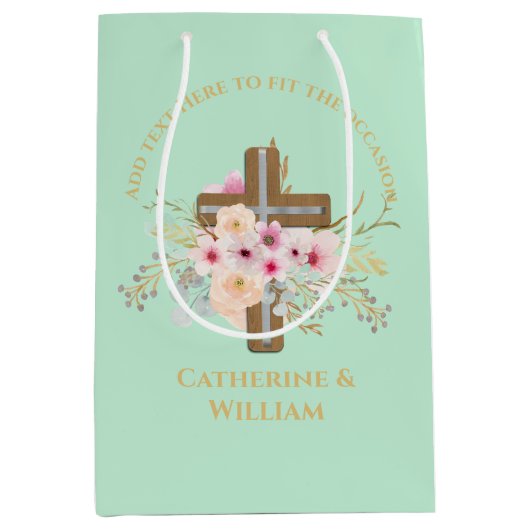 バプテパーソナライズされたィス&《キリスト教》洗礼式や命名式フローラクロス ミディアムペーパーバッグ (正面)