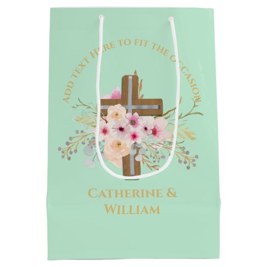 バプテパーソナライズされたィス&《キリスト教》洗礼式や命名式フローラクロス ミディアムペーパーバッグ (裏面)