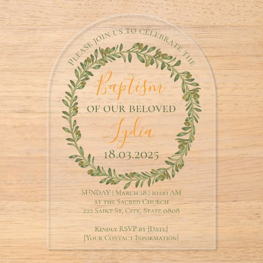 バプテパーソナライズされたスオリーブリース アクリル招待状 (正面)