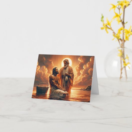 バプテパーソナライズされたス – イエスがヨハネからバプテスマを受けている カード (黄色い花)