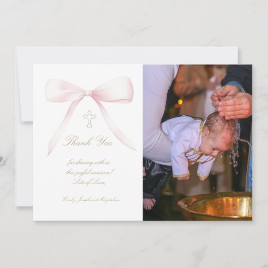 バプテ感謝していスの写真ピンクの弓 招待状 (正面)