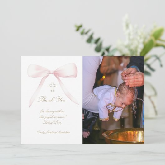 バプテ感謝していスの写真ピンクの弓 招待状 (スタンド正面)