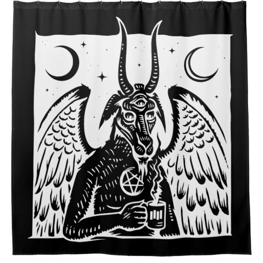 バプメットペンタグラムムーンコーヒーデーモン白黒 シャワーカーテン (正面)