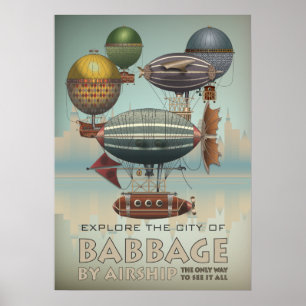 バベッジバイエアシップSteampunk Vintage Travel ポスター