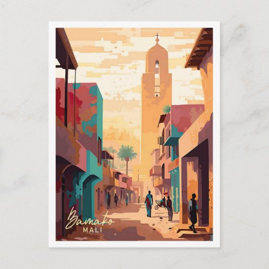 バマコマリアフリカアートヴィンテージ旅行イラストレーション ポストカード (正面)