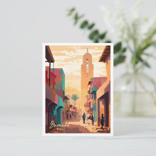 バマコマリアフリカアートヴィンテージ旅行イラストレーション ポストカード (スタンド正面)