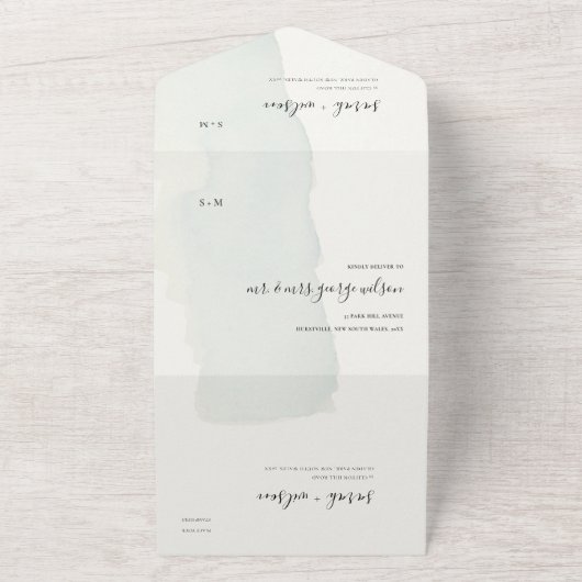 バミニマルウタカラー薄暗いブルーモノグラム結婚ズ オールインワン招待状 (外側)