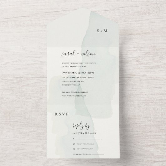 バミニマルウタカラー薄暗いブルーモノグラム結婚ズ オールインワン招待状 (内側)