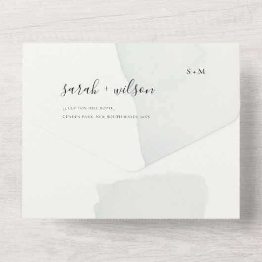 バミニマルウタカラー薄暗いブルーモノグラム結婚ズ オールインワン招待状 (裏面)