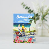 バミューダ、カップルの自転車の近くにビーチ、ヴィンテージ ポストカード (スタンド正面)