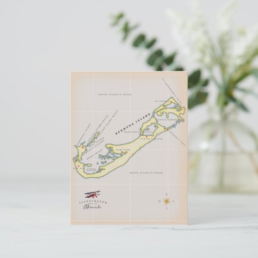 バミ図解入りの、写真付きのューダの地図 ポストカード (スタンド正面)