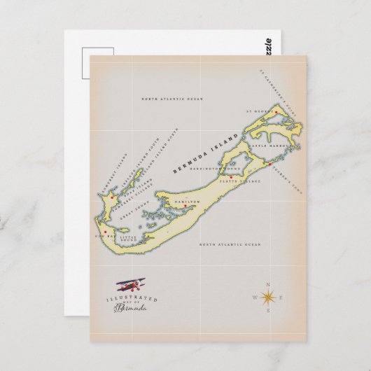 バミ図解入りの、写真付きのューダの地図 ポストカード (正面/裏面)