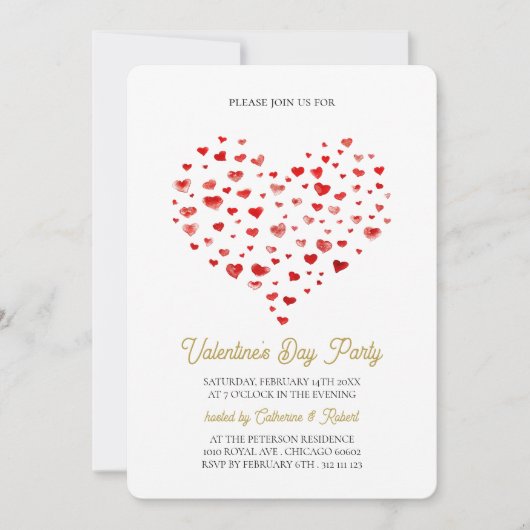 バモダンエレガントンタインのパーティー赤いハート 招待状 (正面)