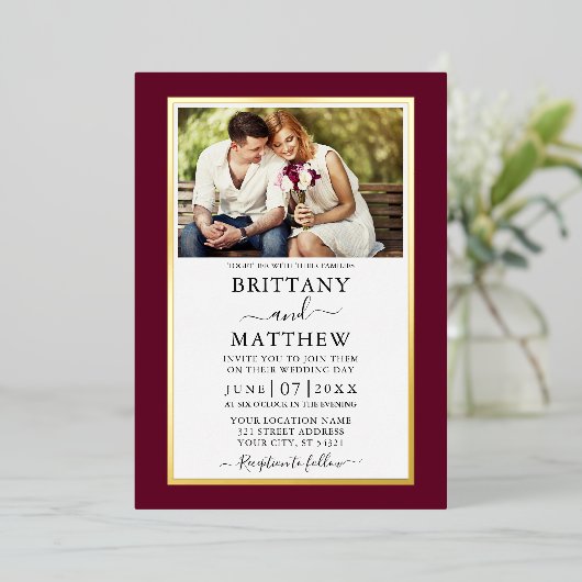 バモダンルエレガントグンディ写真結婚の金ゴールド 箔招待状 (立ち正面)