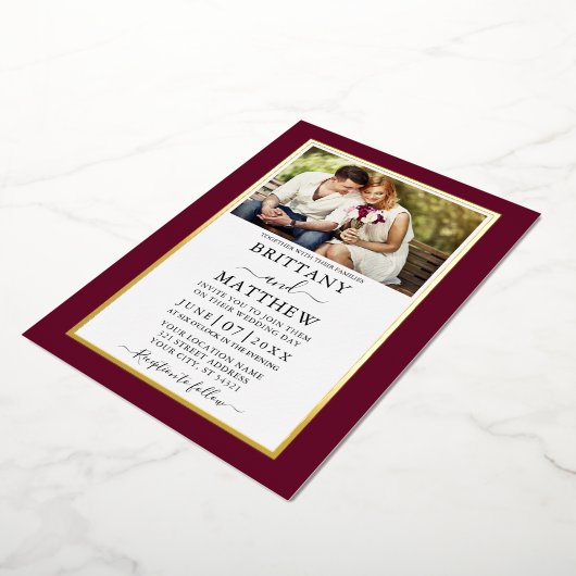 バモダンルエレガントグンディ写真結婚の金ゴールド 箔招待状 (回転した状態)